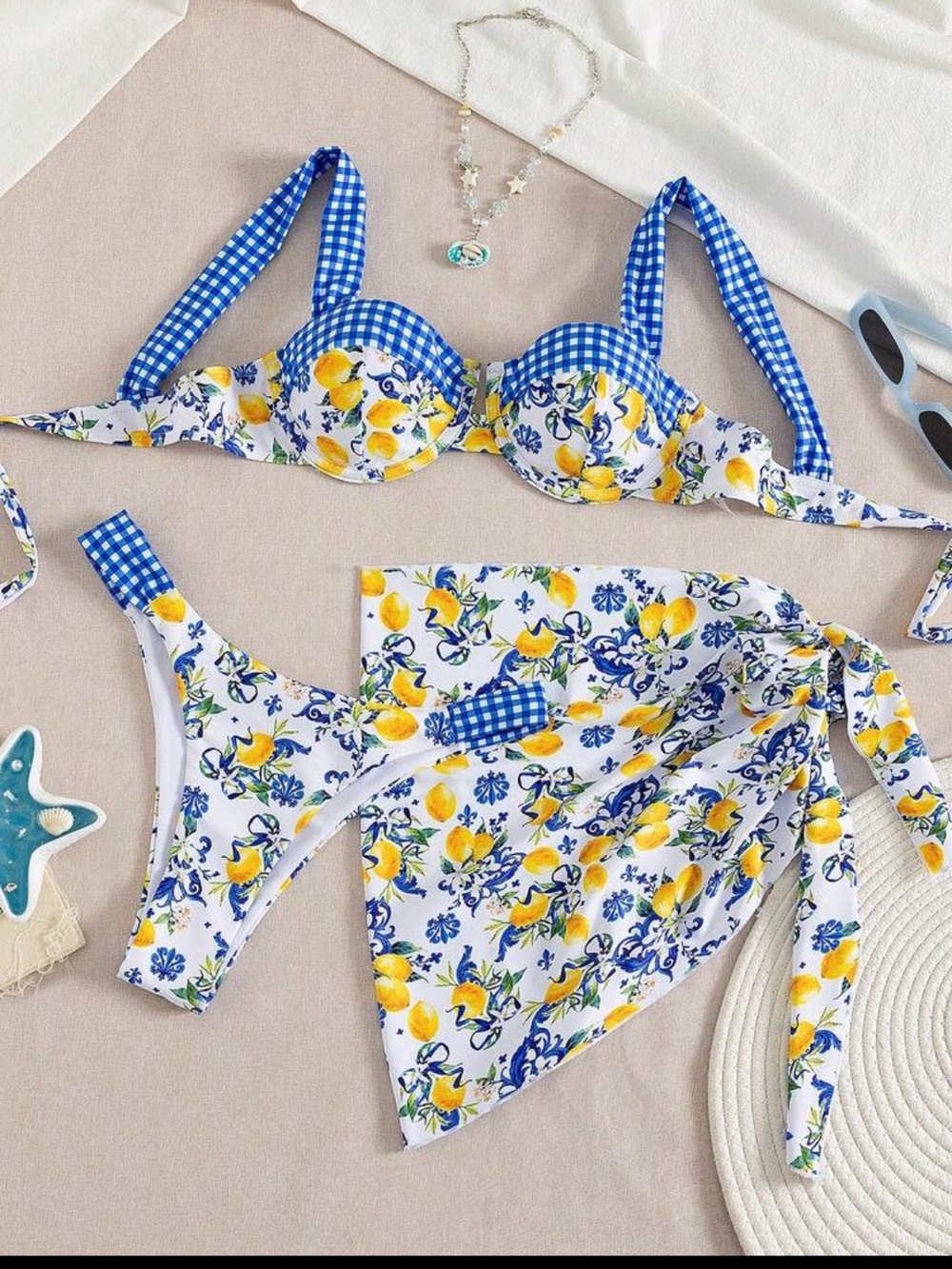 NEVER WORN Lemon Print Blue Gingham Trim Bikini Set with sarong